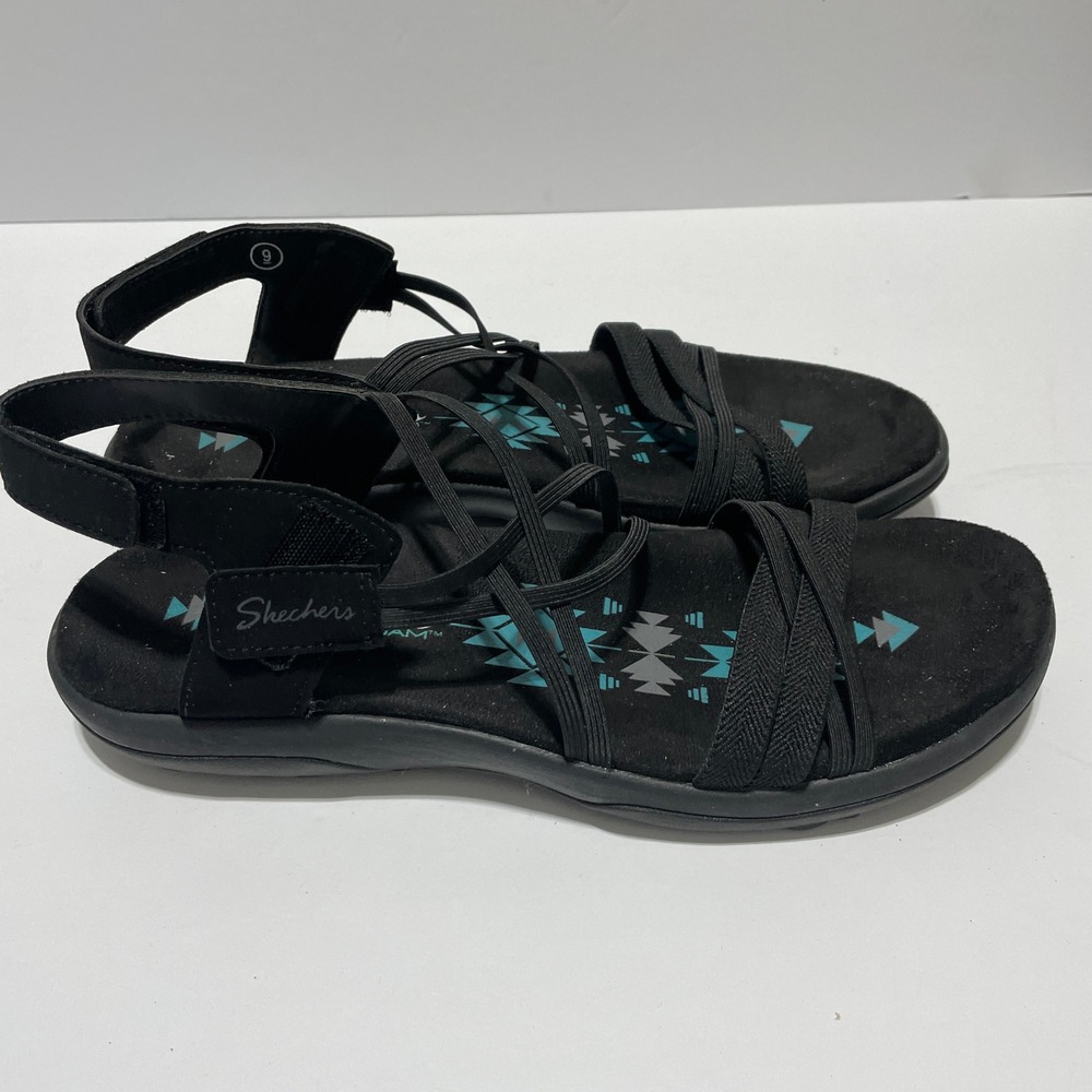 Skechers Reggae Slim Takes Two Black Strappy Sandals Womens 9 Vegan